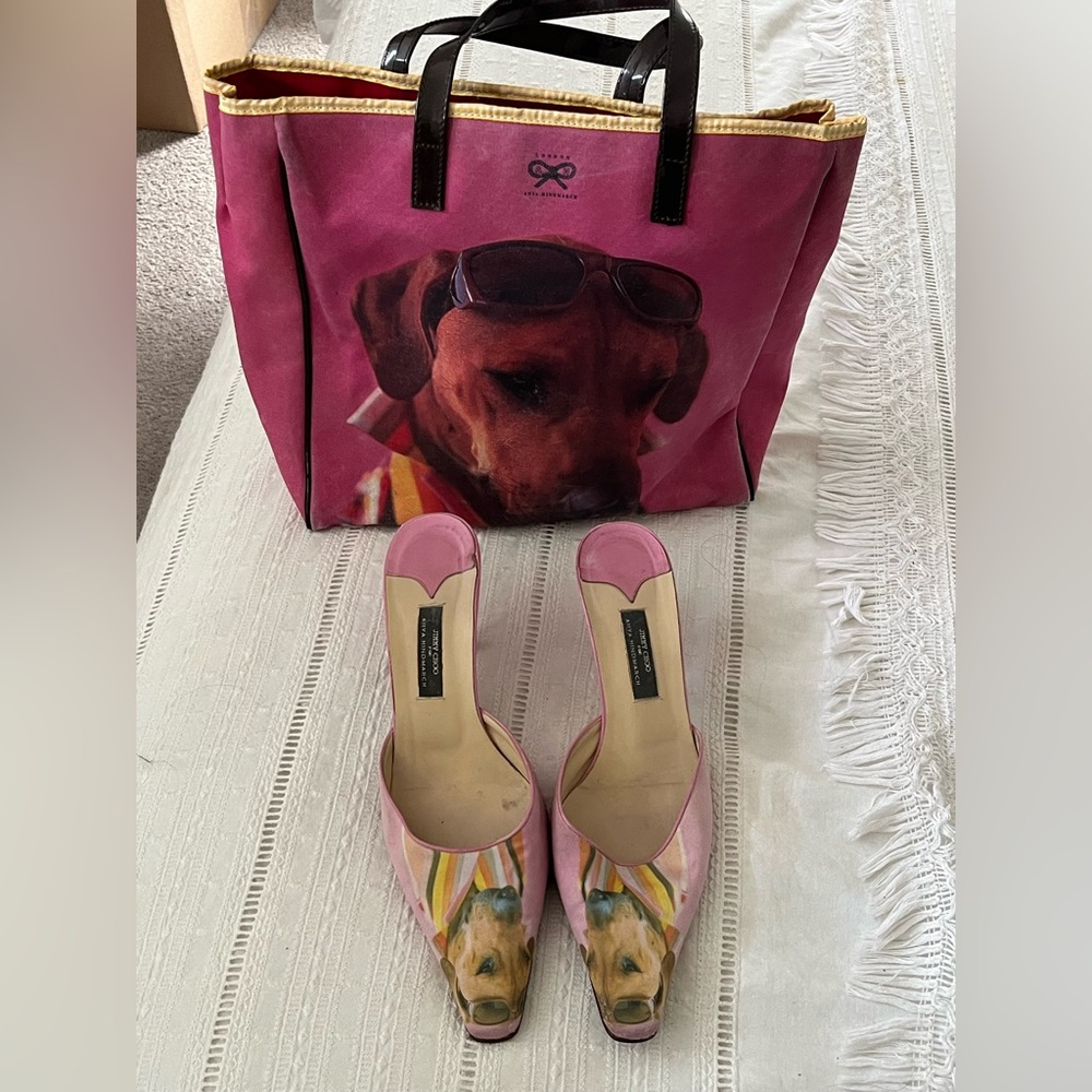 Jimmy Choo slides, size 40, matching bag (Anya Hindmarch)